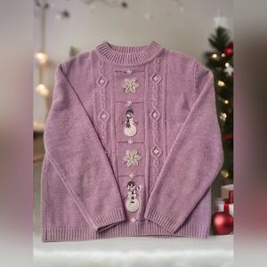 Alfred Dunner Cute Christmas Lavender Snowman Embroidered Sweater Sz L